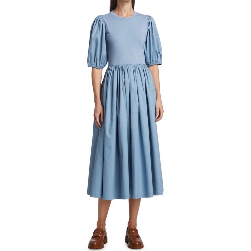 En Saison Blue Poplin Puff Sleeve Contrast Midi Dress Womens Size S